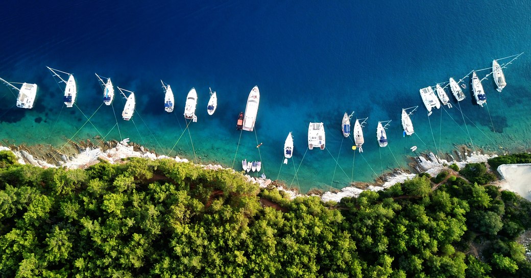 an elegant row of luxury charter yachts anchored by the pine forest coast of a beautiful and uncharted Greek island