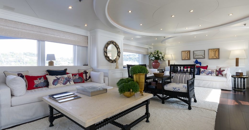 colonial beach house-style main salon on board luxury yacht BINA 