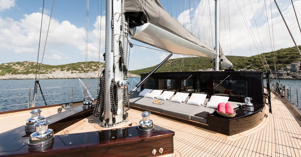 Lounging area on deck of sailing yacht Rox Star