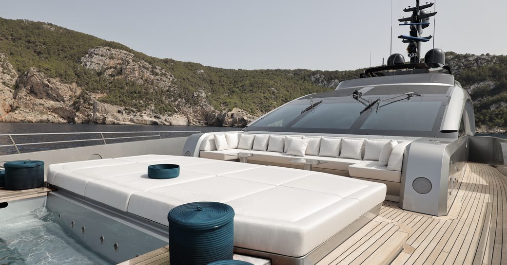 Overview of a spacious sun pad on the foredeck of superyacht NO STRESS TWO.