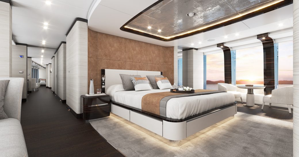 Overview of the master cabin onboard Heesen superyacht Project Orion, central berth with wide full length windows adjacent.