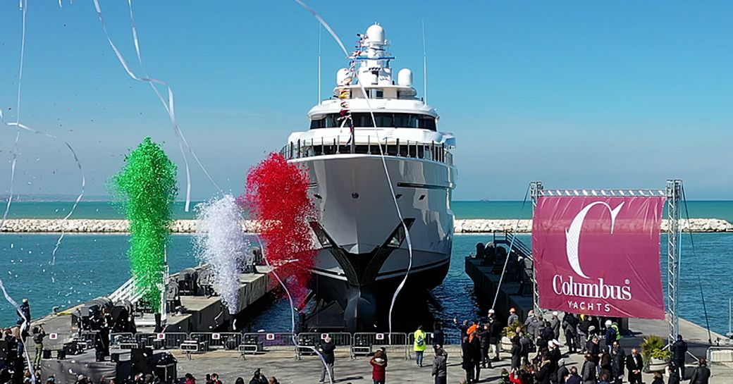 Superyacht DRAGON at launch ceremony from Columbus Yachts