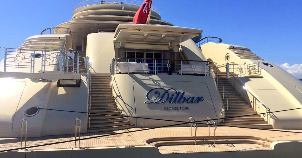 The aft deck and stern of luxury yacht DILBAR