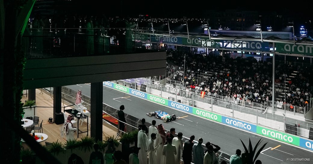 Stands at the Jeddah Corniche Circuit, spectators looking down on the track