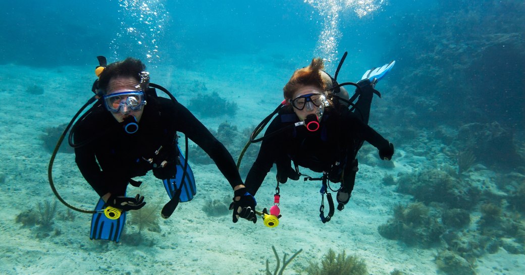 A pair of scuba divers holding hands looking at the camera underwater
