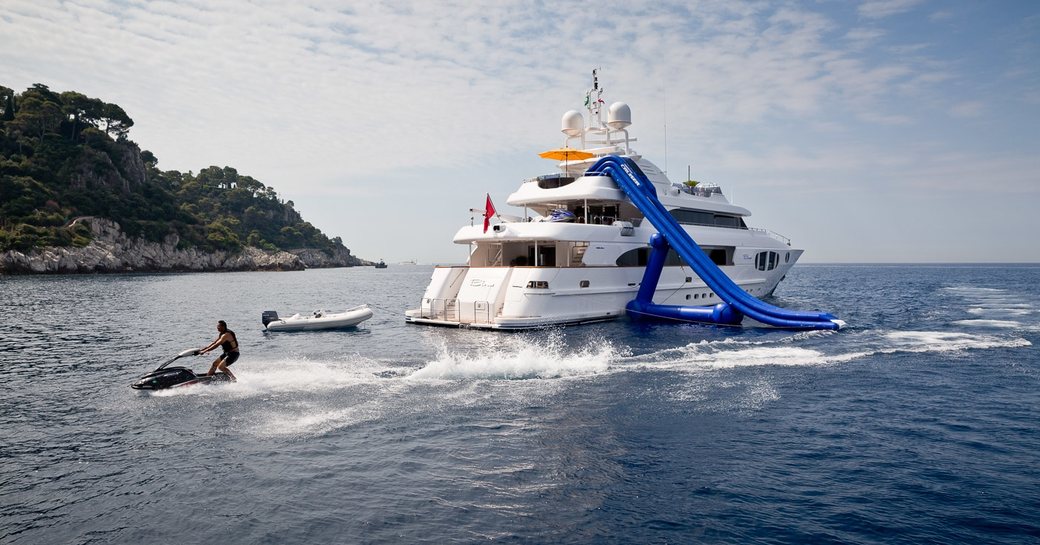 Inflatable slide and water toys on board motor yacht BINA 