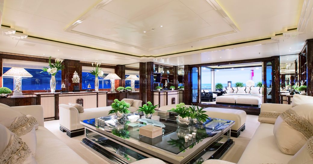 bright and spacious main salon on charter yacht ‘Lioness V’ 