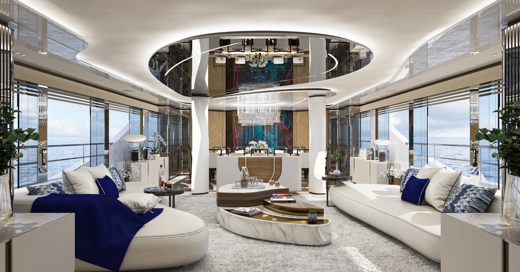Overview of the main salon onboard charter yacht ETERNAL SPARK, extensive lounge area surrounded by large windows