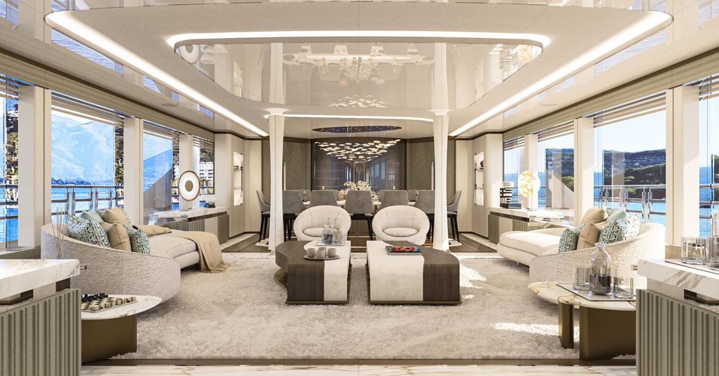 Spacious lounge area onboard Bilgin Yachts 'Project Ame' with neautral color scheme and large windows to both port and starboard.