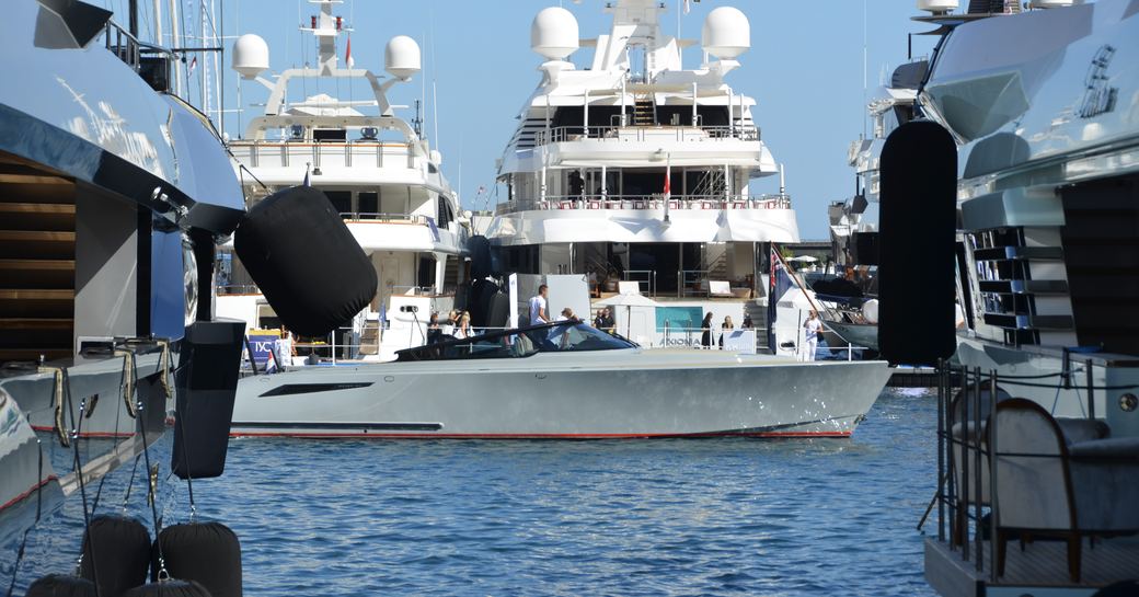 Superyachts in the port at Monaco Yacht Show