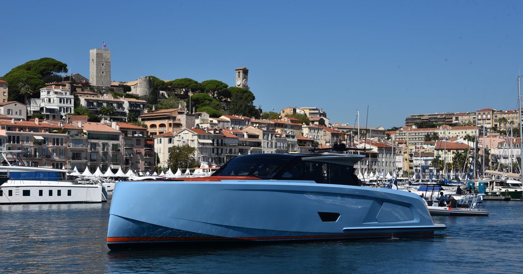 little blue tender on the water during cannes yachting festival 2019