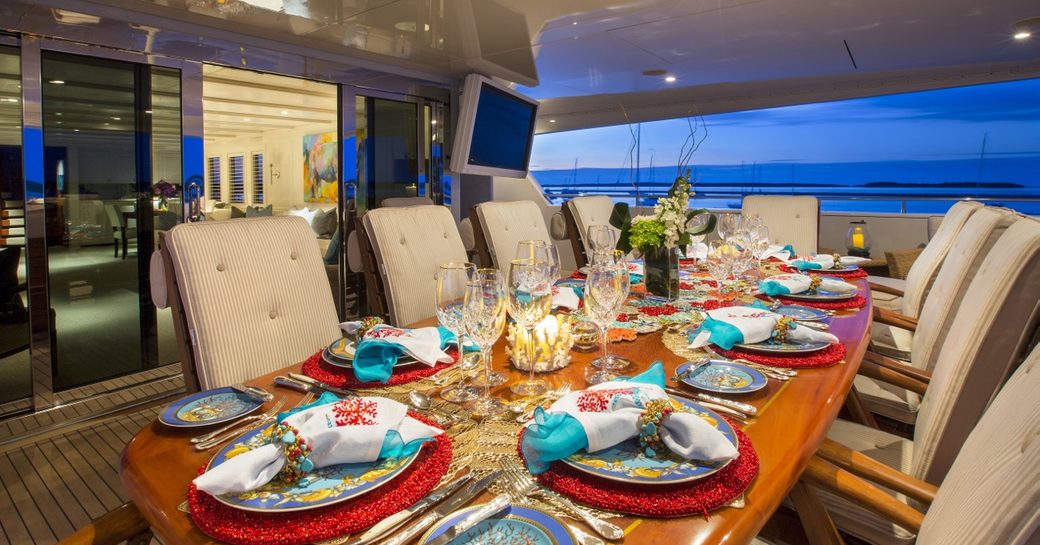 Aft deck alfresco dining on yacht RHINO