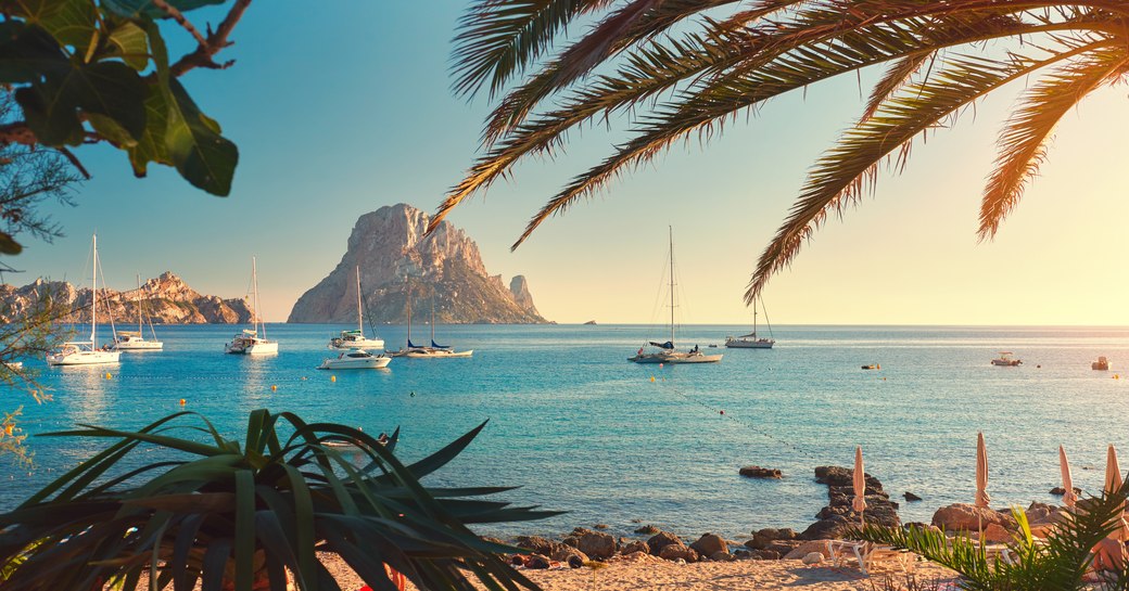 Es Vedra rock in Ibiza, Balearics with palm fronds and yachts in the foregrounds