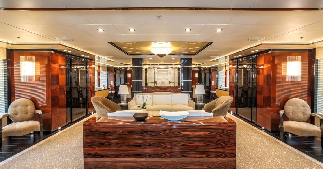 art deco-inspired main salon with lounge aboard charter yacht ‘Party Girl’ 