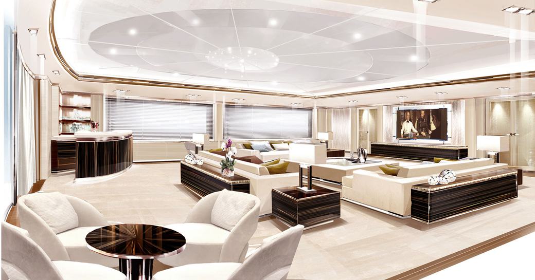 A visual rendering of the cream interior decoration of the main salon of superyacht O'PTASIA