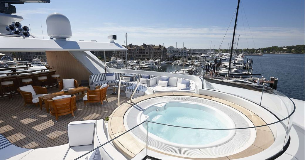 Superyacht RockIt sundeck jacuzzi, seating area and bar 