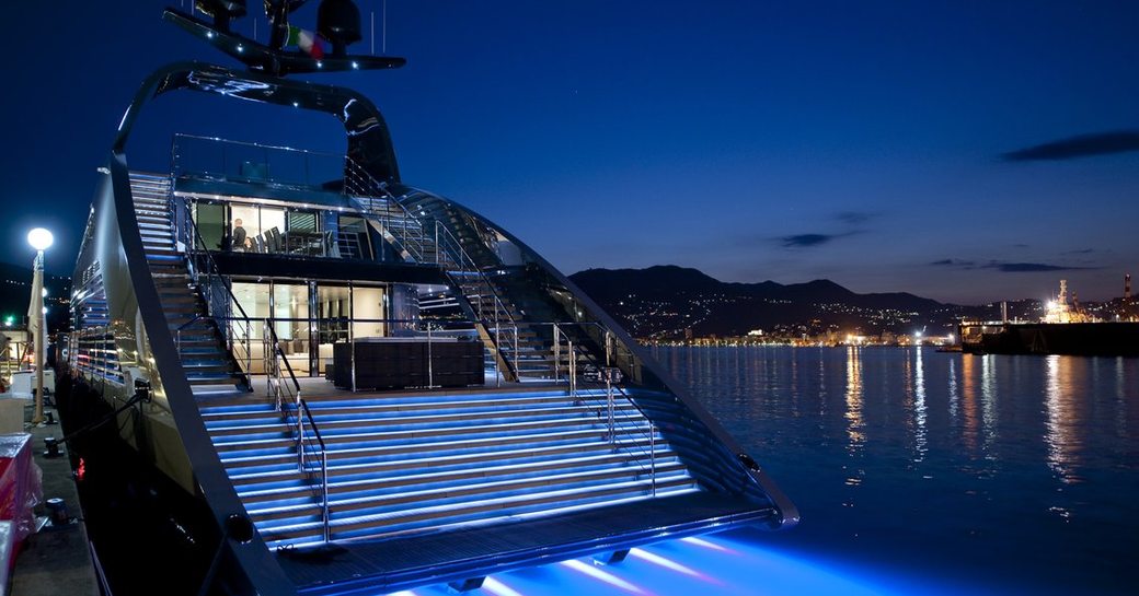 Aft profile of charter yacht OCEAN EMERALD at night