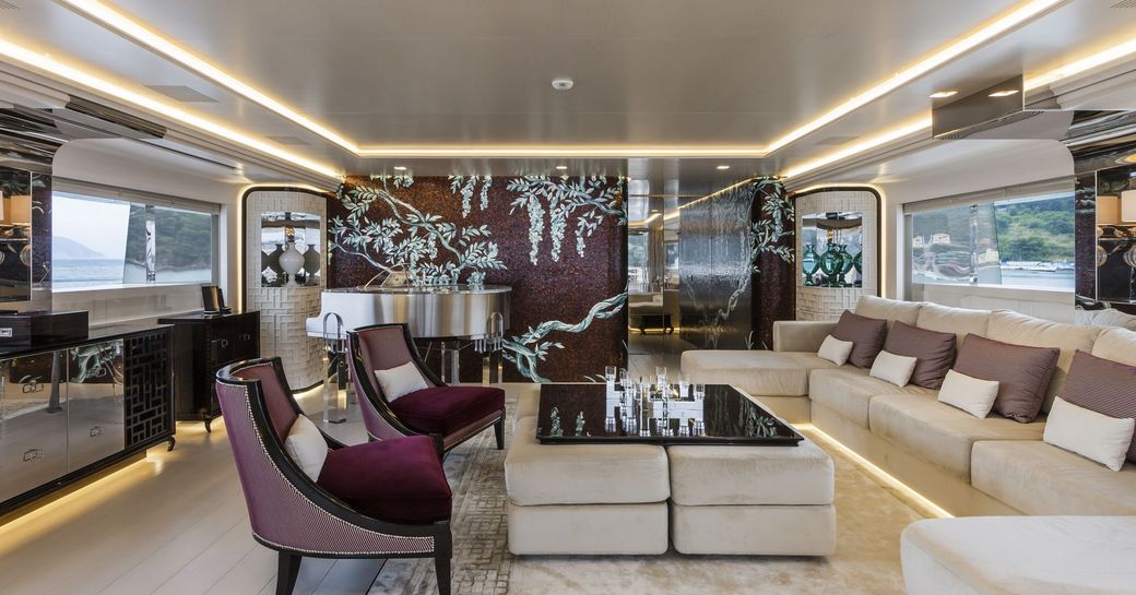 lavishly styled main salon on board charter yacht ‘Polaris I’ 