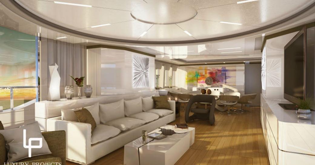a rendering of refitted main salon on board motor yacht DESTINY