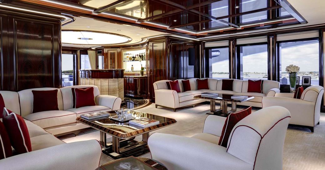 Main salon interior styling on board motor yacht Rock.It