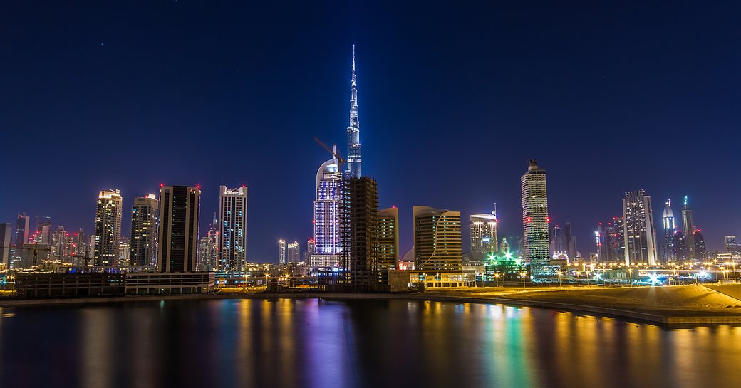 Iconic Dubai skyline at night