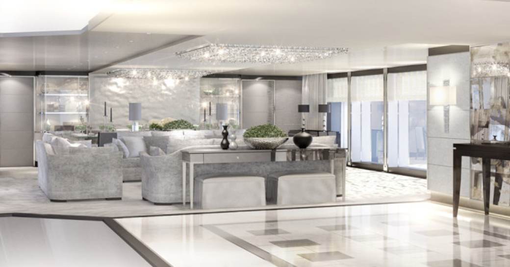 Main salon on luxury yacht North Star, with marble lobby and crystal chandelier