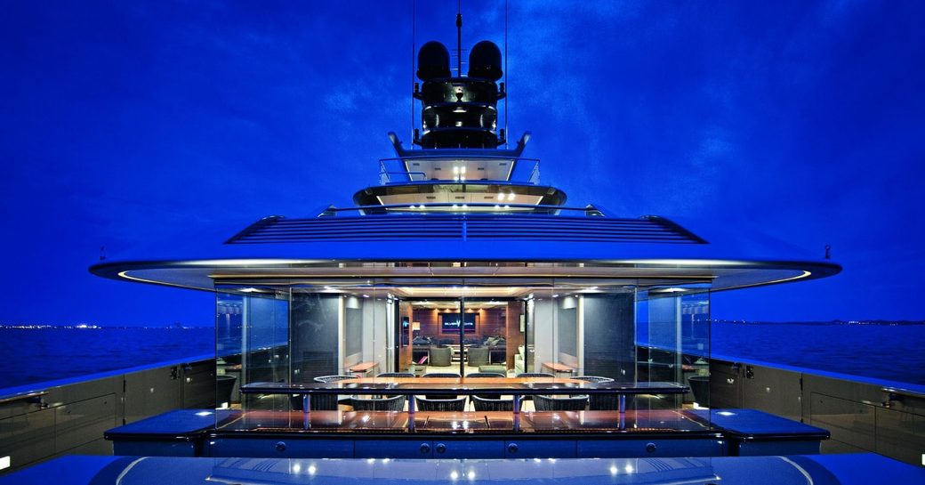 view of aft deck aboard motor yacht ‘Silver Fast’ at night 