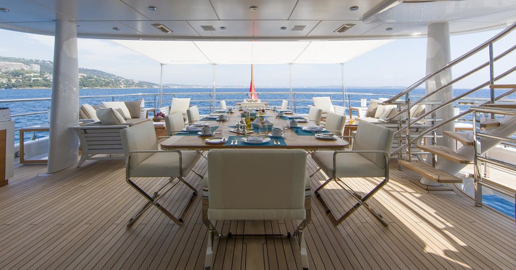 shaded alfresco dining area on the upper deck aft aboard superyacht 4YOU