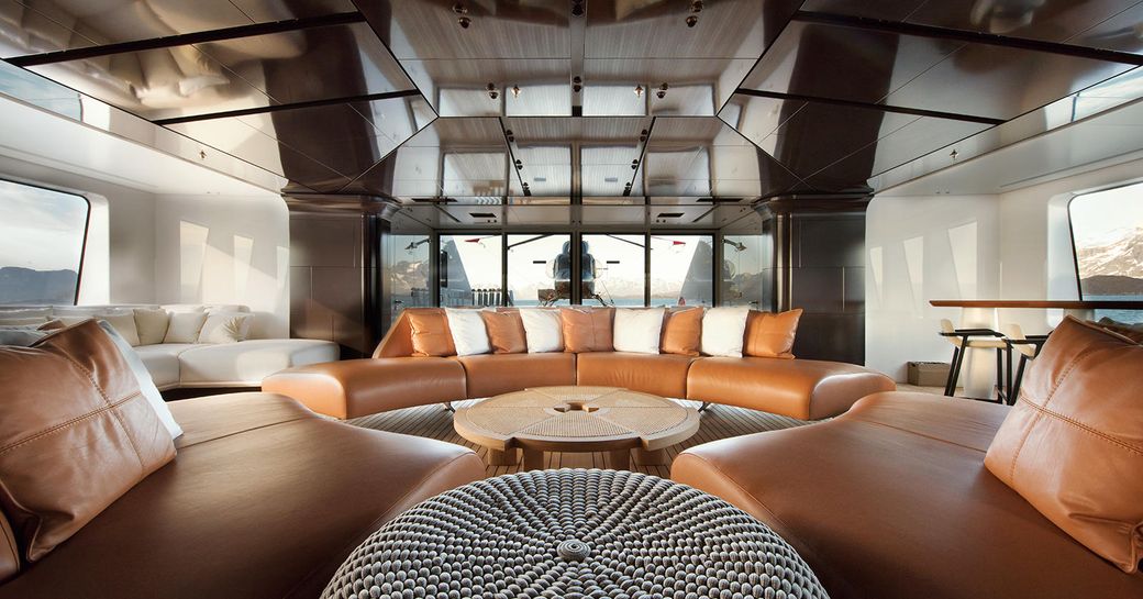 circular seating in the salon on the helideck of luxury yacht CLOUDBREAK 