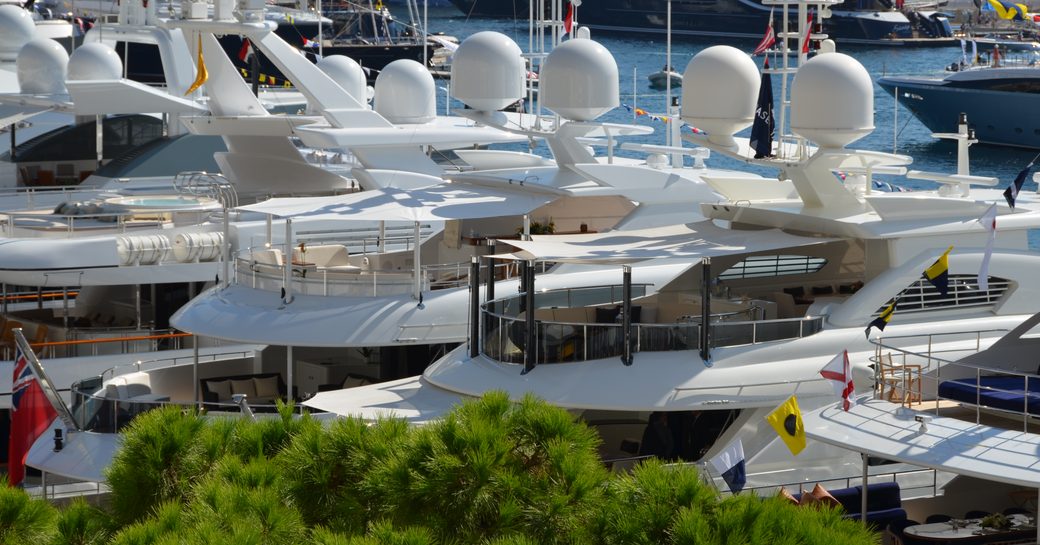 Yachts lined up at the Monaco Yacht Show