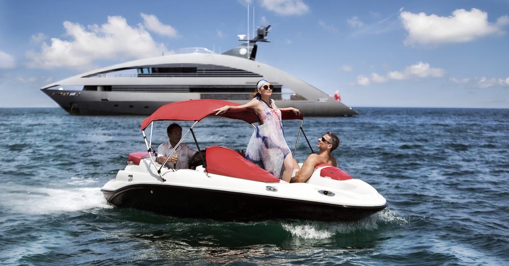 guests staying aboard luxury yacht Ocean Emerald take a ride on the tender