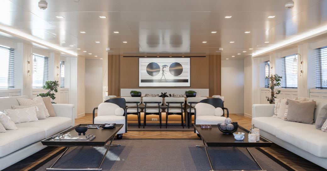 Overview of the main salon onboard charter yacht ILLUSION II