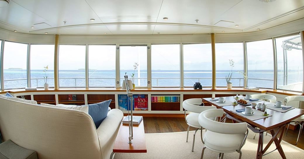 observation lounge with 180-degree views aboard expedition yacht SENSES