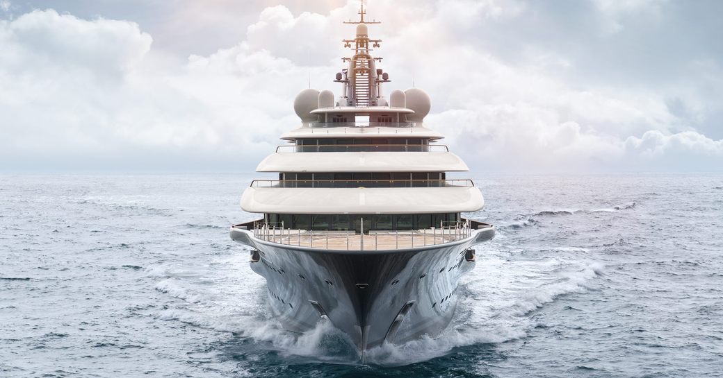 A head on view of superyacht SHU