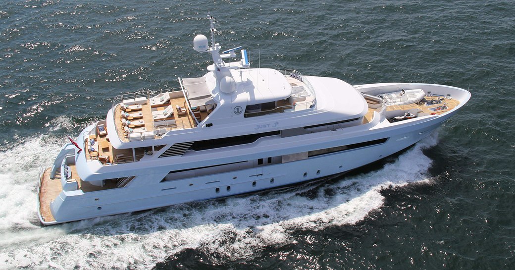 Luxury yacht Time for Us underway aerial shot