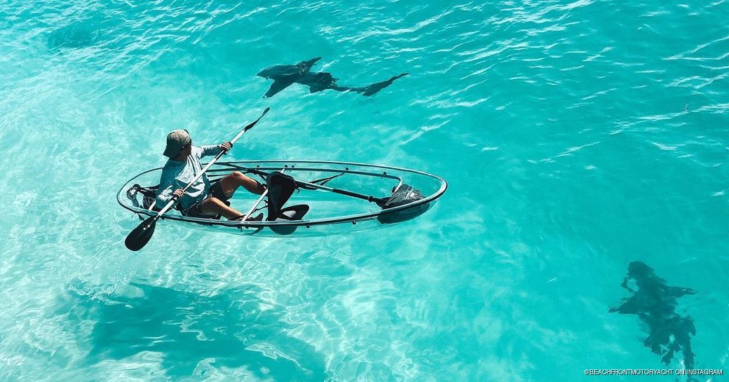 Man in clear kayak sat on water surrounded by sharks 