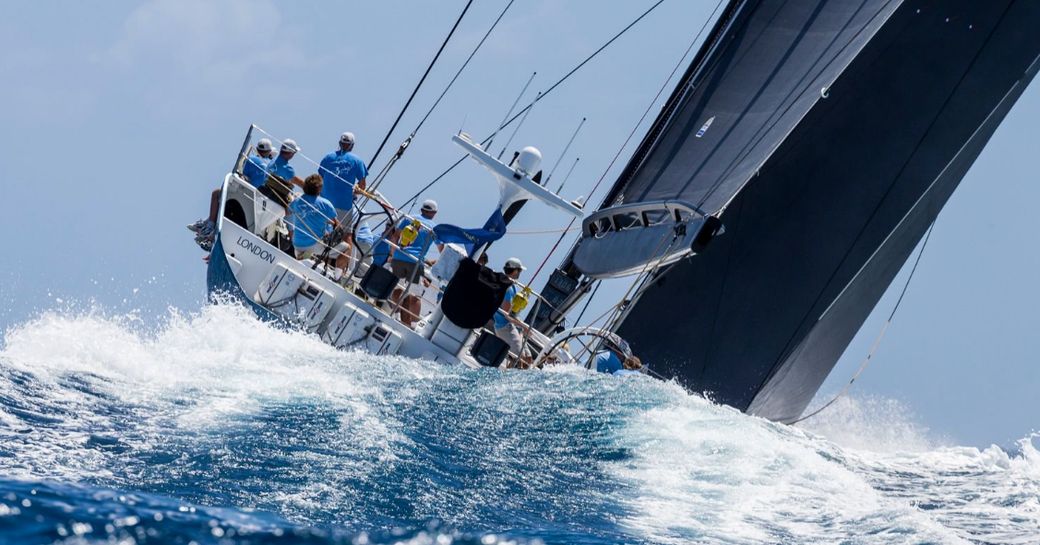 sailing yacht 'Leopard 3' cuts through the water at the Loro Piana Caribbean Superyacht Regatta 2017