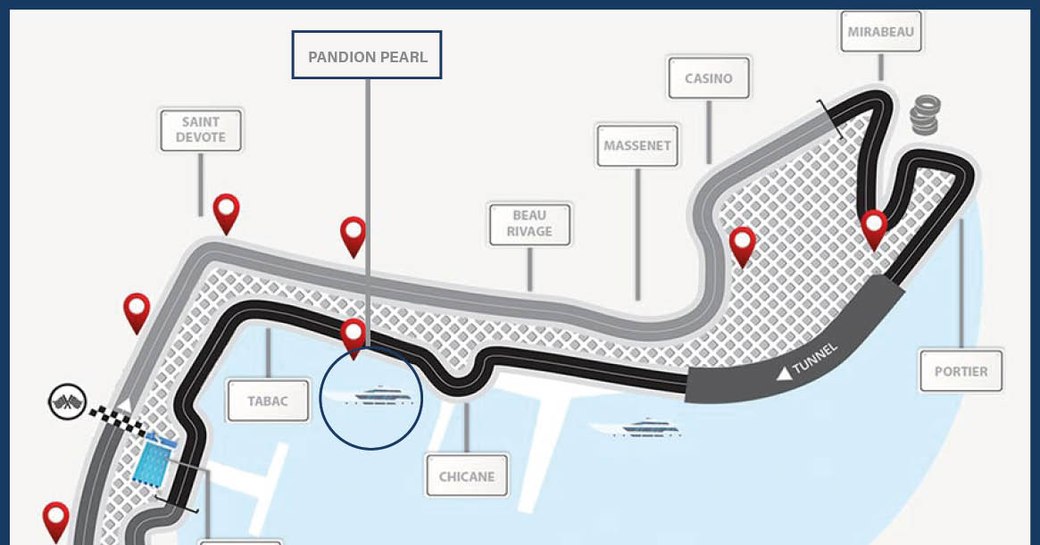 map view of charter yacht pandion pearl's location at monaco grand prix 2023