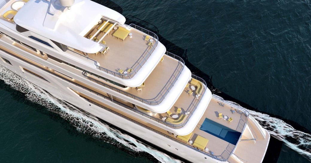 An aerial rendering of superyacht AQUARIUS