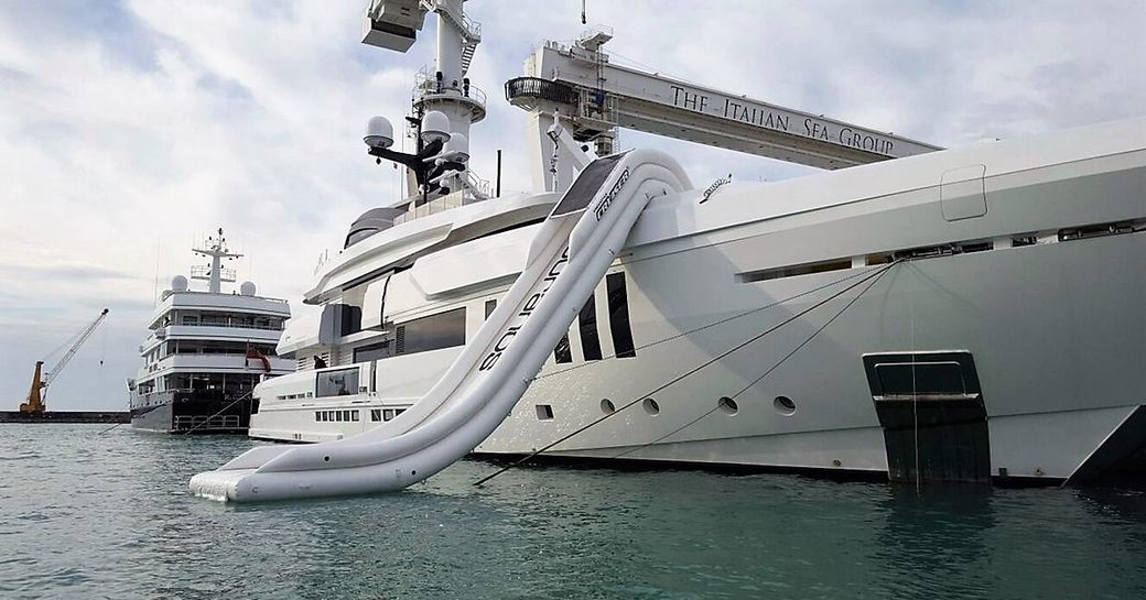 The brand new inflatable slide attached to M/Y OURANOS