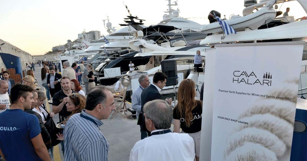 visitors flock to the boardwalks at the East Med Yacht Show held at Marina Zeas in Piraeus, Greece