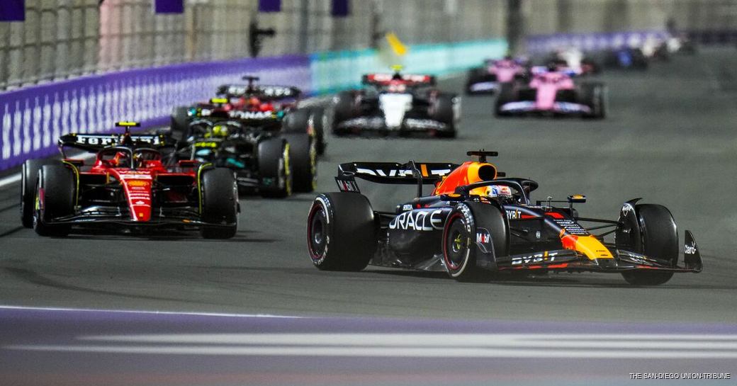 Formula One racers in action on track at Jeddah.