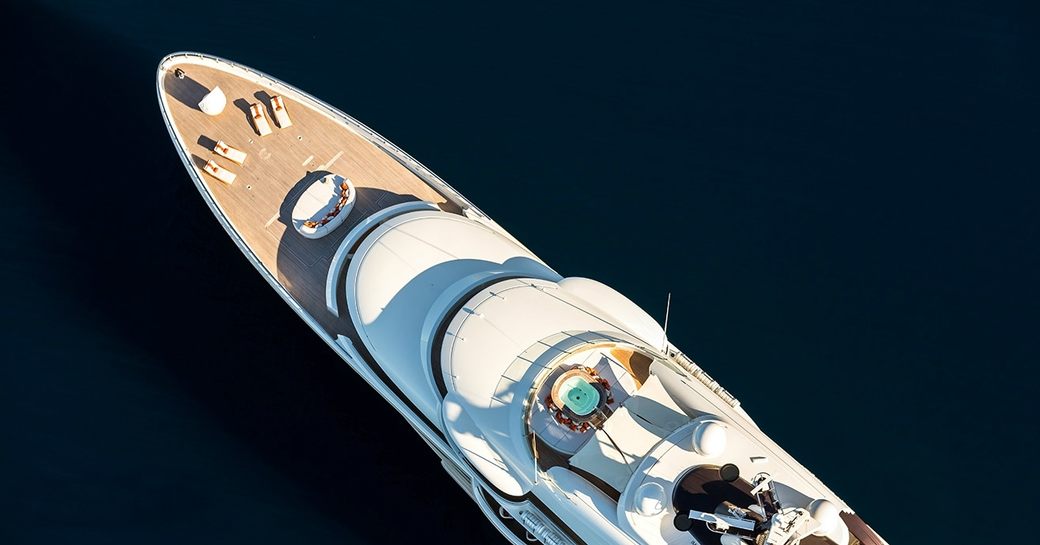 An aerial view which shows the bow of superyacht Here Comes The Sun