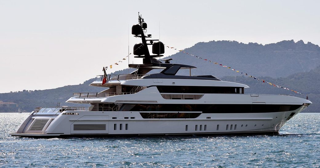 Sanlorenzo superyacht KD decorated in bunting on her launch