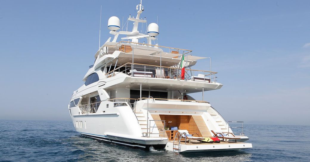 luxury yacht SKYLER with her drop-down swim platform and beach club