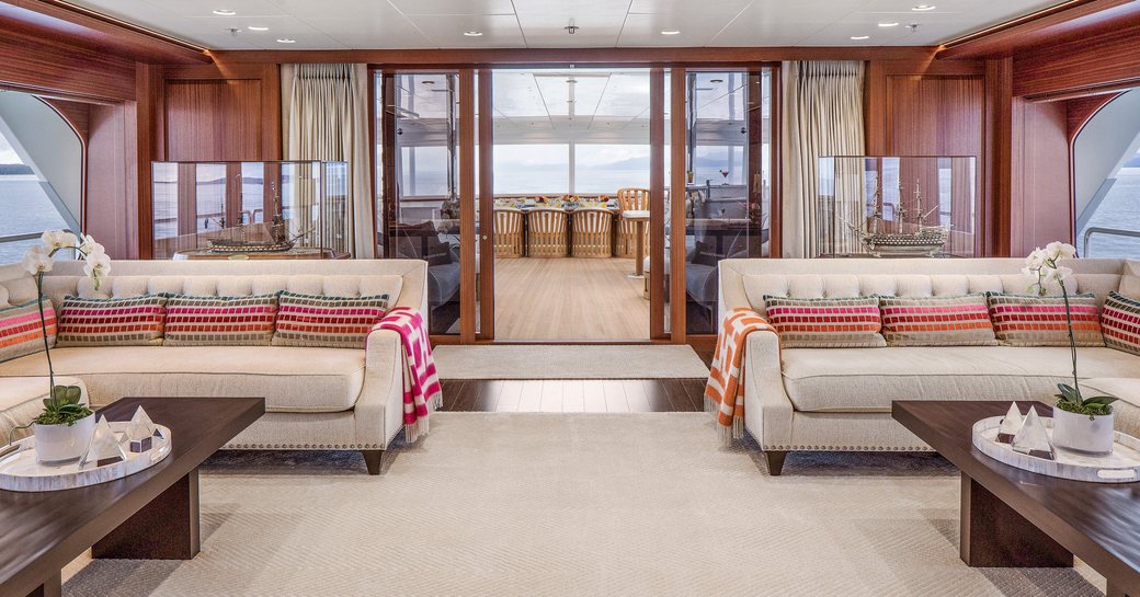 light and airy main salon with Peruvian walnut on board motor yacht Endless Summer