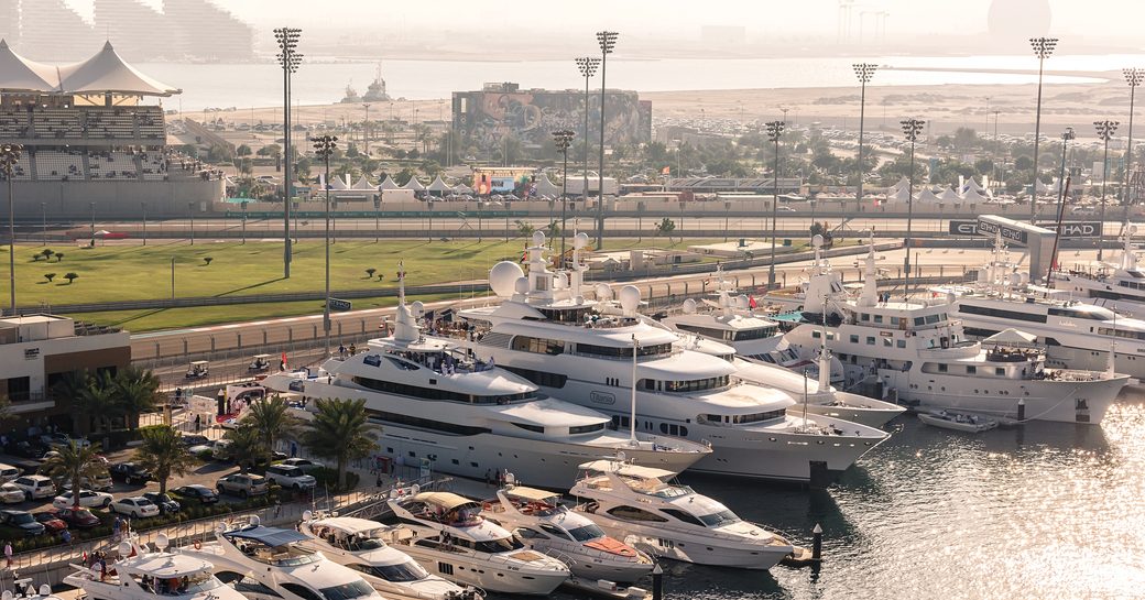 Superyachts lined up in Yas Marina in Abu Dhabi