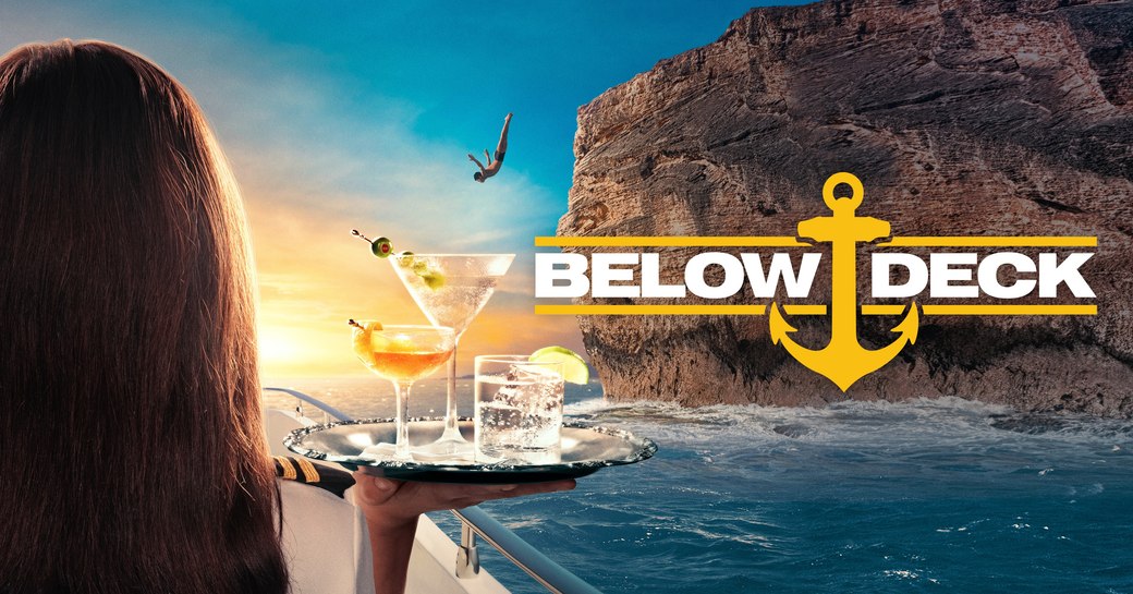 Below Deck promo image of stewardess with a tray of cocktails and diver off a cliff