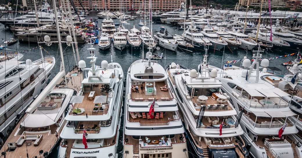 Boats lined up at the Monaco Yacht Show