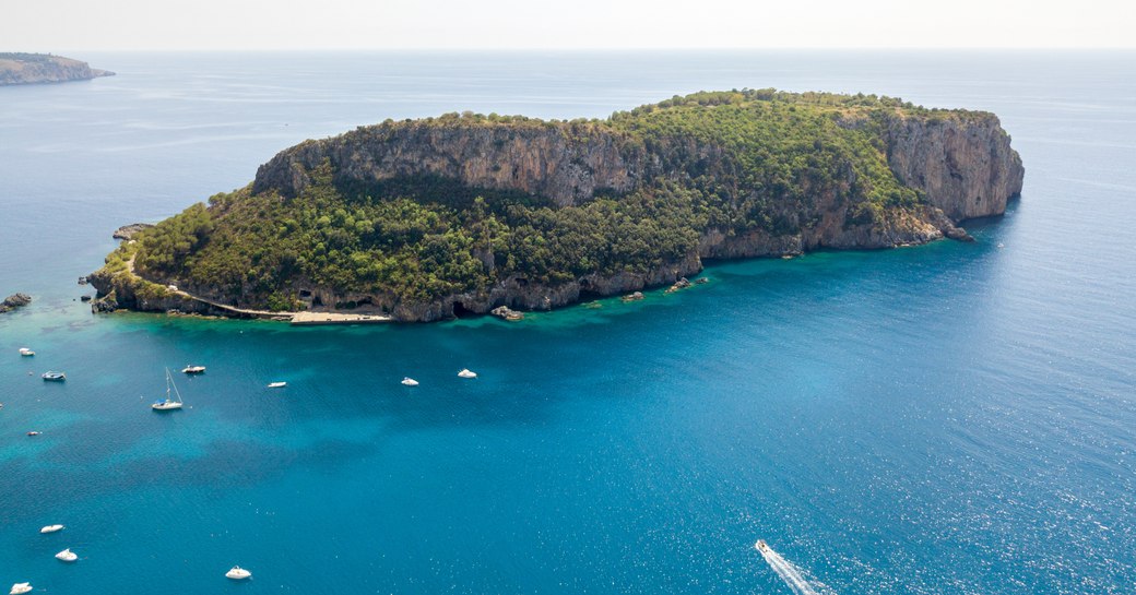 Dino Island, aerial view, island and landing, Praia a Mare, Cosenza Province, Calabria, Italy